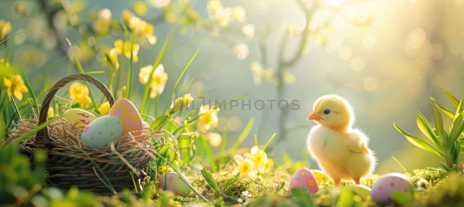 A charming easter scene featuring a fluffy baby chick beside a wicker basket filled with pastel-colored eggs. surrounded by vibrant green grass and blooming yellow flowers, this bright and cheerful composition embodies the essence of spring.