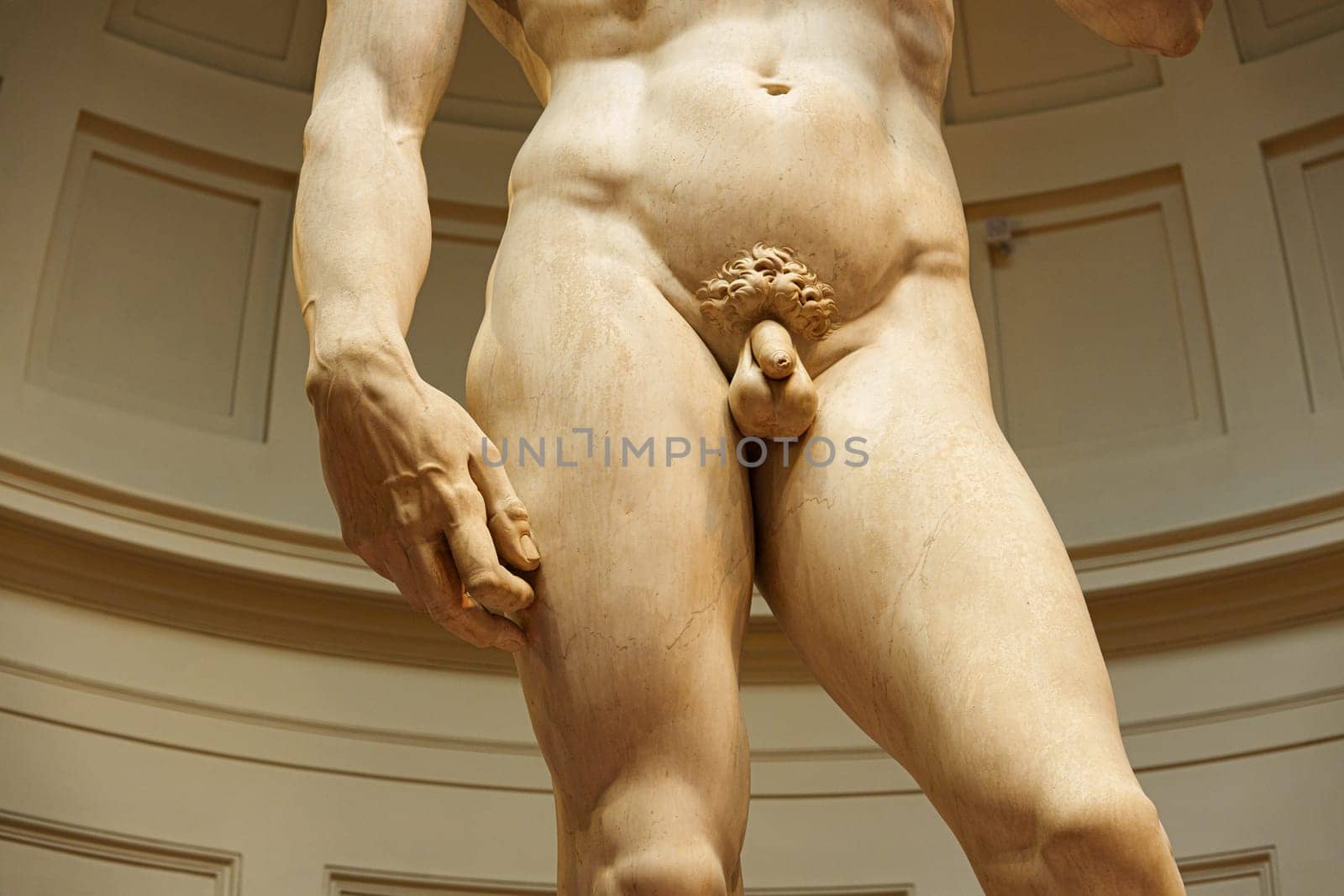 Florence, Italy, January 5, 2024: Sculpture of Michelangelo's David. Detail. Accademia Gallery