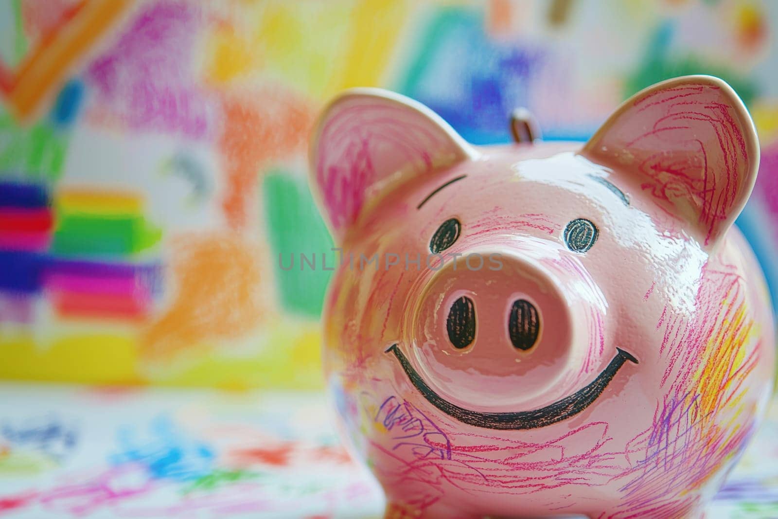 A close-up of a smiling piggy bank surrounded by colorful children's drawings depicting dreams and aspirations. the playful and vibrant background enhances the concept of saving for future goals, ideal for educational or financial themes.