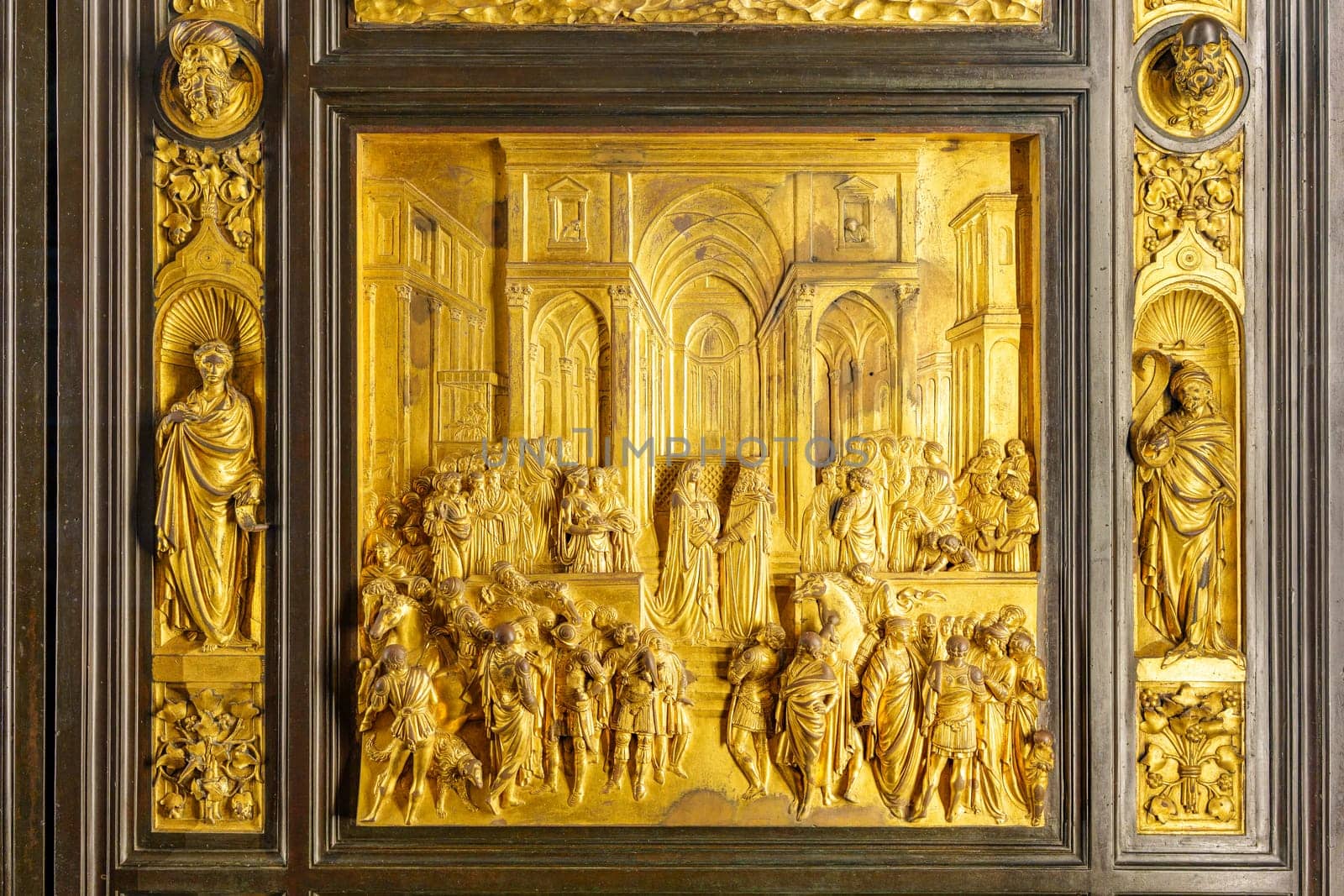 Florence, Italy, January 5, 2024: Solomon's Temple. The Queen of Sheba visits King Solomon. Bronze relief of the original Gates of Paradise. West door of the Florence Baptistery. Lorenzo Ghiberti. Museum of the Works of the Duomo.