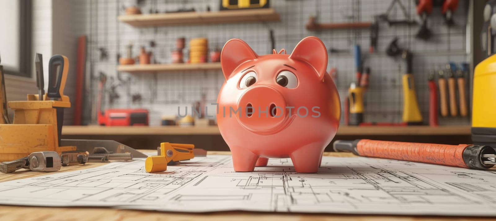 A piggy bank surrounded by tools and blueprints on a workbench symbolizes financial planning for diy projects. the background showcases a workshop setting, emphasizing themes of savings, creativity, and personal achievement.