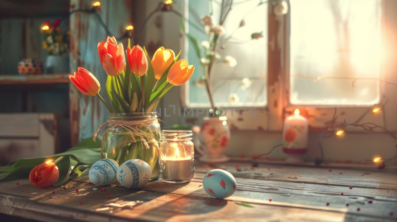 Rustic easter table adorned with hand-painted eggs, vibrant tulips in mason jars, and handmade candles. the scene is gently illuminated by warm sunlight, creating a cozy and festive holiday atmosphere.