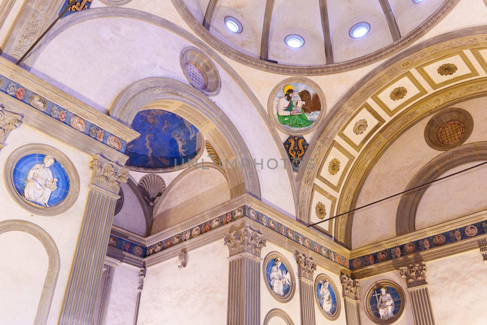 Florence, Italy, January 6, 2024: Pazzi Chapel in the Basilica of Santa Croce. Brunelleschi
