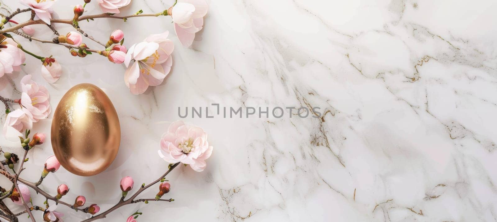 Sophisticated easter banner featuring a golden egg nestled among pastel cherry blossoms on a marble surface. the elegant and minimal design provides ample space at the top, making it ideal for use in greeting card designs or festive posters.