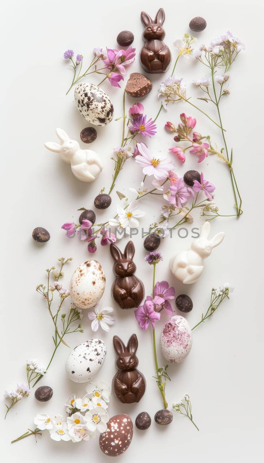 Minimalist easter-themed flat lay featuring chocolate bunnies and hand-painted eggs surrounded by delicate spring flowers on a white background. the arrangement highlights the elegance and simplicity of the easter holiday in a creative design.