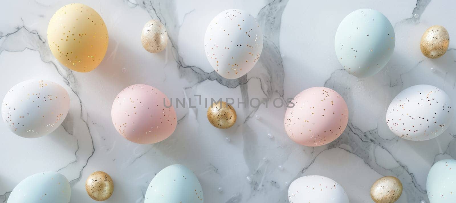 Minimalist flat lay of pastel-colored easter eggs arranged in a circle on a marble background with subtle golden accents. this modern design is ideal for use in seasonal advertising, social media graphics, or holiday-themed print materials.