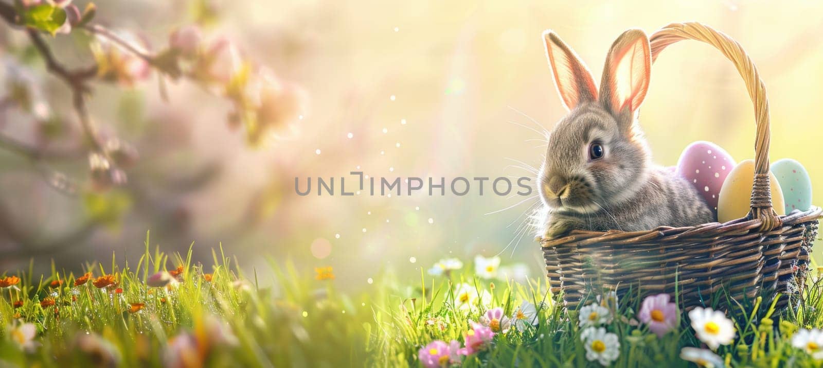 Fluffy bunny nestled in a wicker basket filled with colorful easter eggs, set on a bright green lawn with blooming flowers. the sunlit scene captures a family-friendly atmosphere, perfect for spring festivities and seasonal designs.