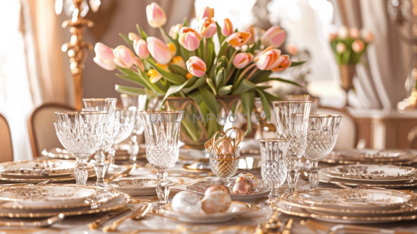 Ornate dining table set for an easter brunch, featuring crystal glasses, elegant tableware, and subtle golden accents. a central bouquet of tulips adds a touch of spring, enhancing the festive and luxurious atmosphere.