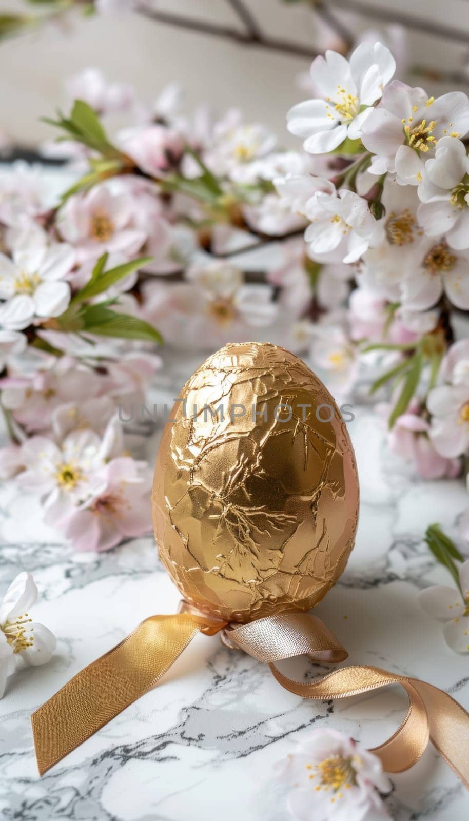 A beautifully wrapped easter chocolate egg in gold foil, elegantly tied with a ribbon, placed on a marble countertop and surrounded by delicate spring flowers, creating a luxurious and festive holiday atmosphere.