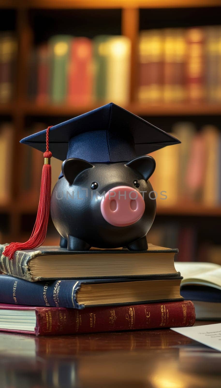 A charming ceramic piggy bank wearing a graduation cap sits atop a stack of vintage books, accompanied by a diploma and a scholarship letter. this composition symbolizes financial planning for education and celebrating academic achievements.