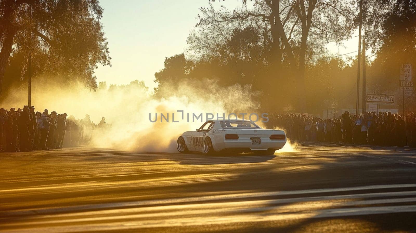 Powerful sports cars race through city streets at sunset, leaving a trail of smoke, thrilling spectators with high speed action