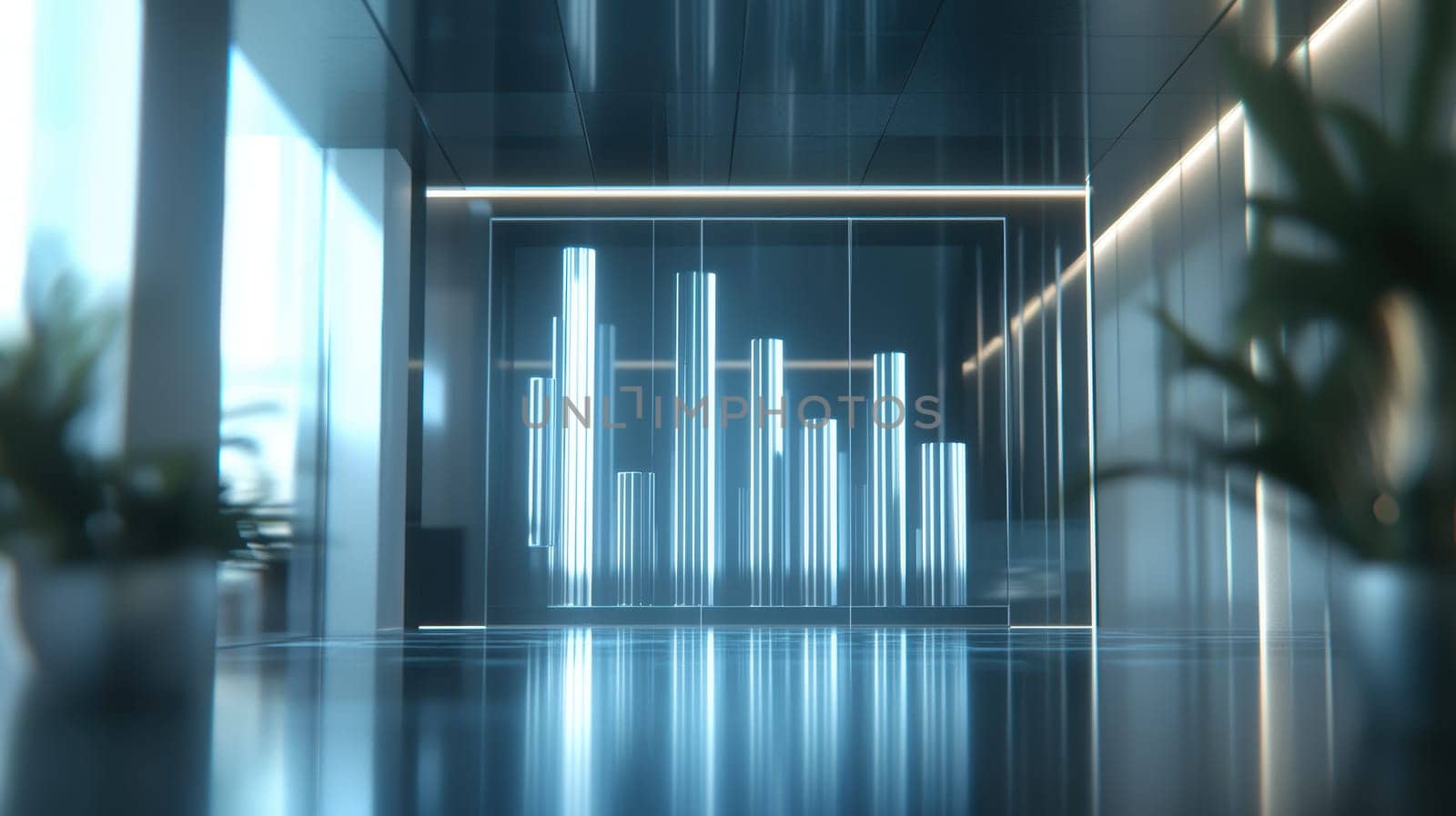 A modern bar chart showcasing the revenue of the top five global companies in 2023. featuring metallic, reflective bars illuminated by ambient lighting, set against a blurred cityscape backdrop, emphasizing growth and innovation.