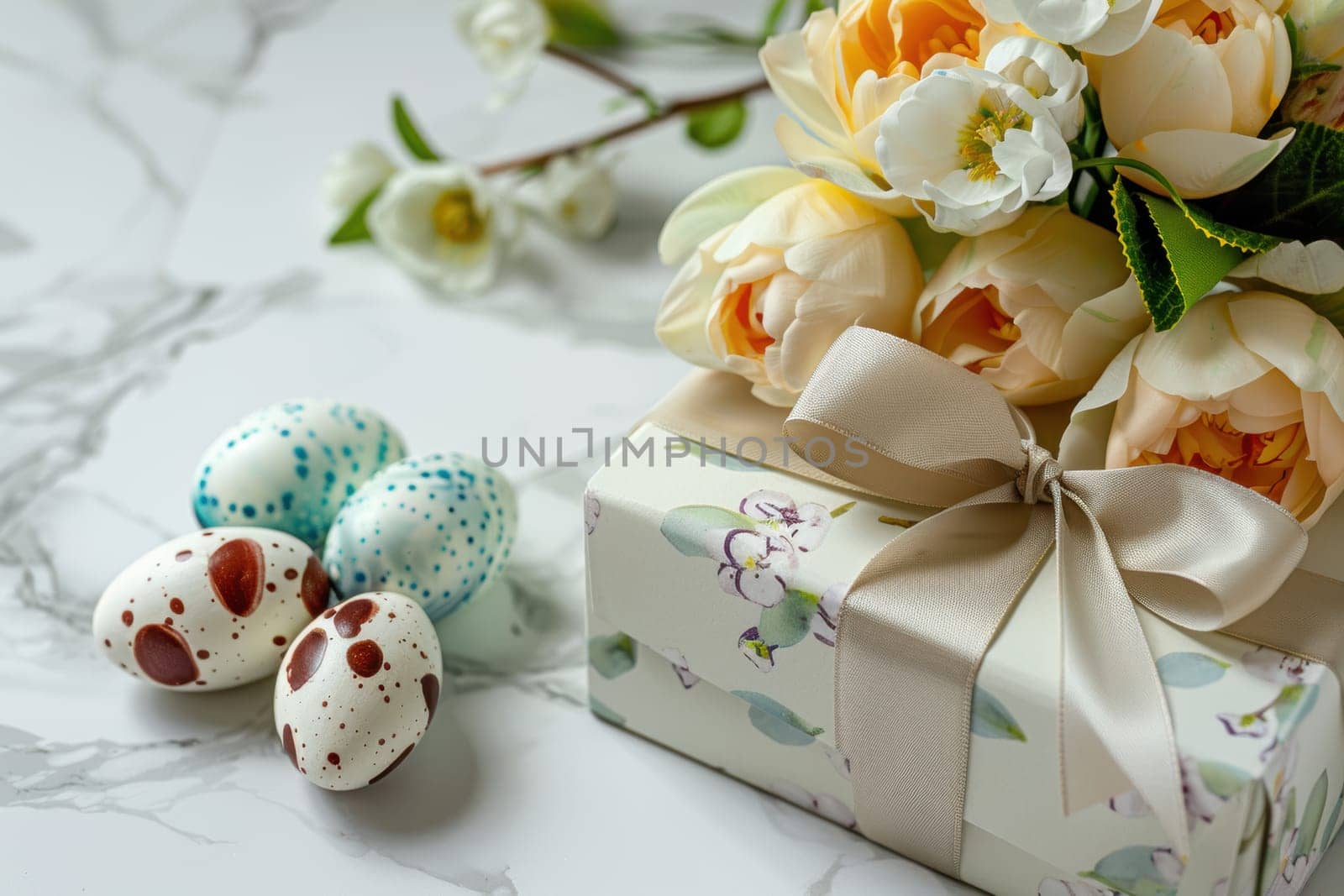 Beautifully wrapped easter gift box adorned with satin ribbon, featuring hand-painted eggs, luxury chocolates, and fresh spring flowers. perfect for festive celebrations and gifting during the holiday season.