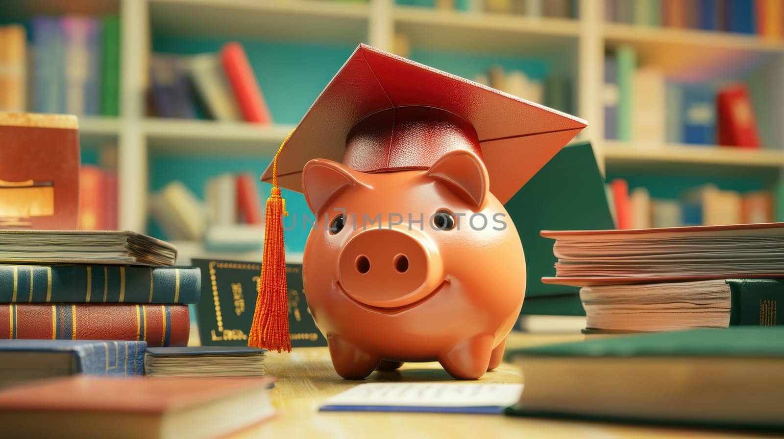 Piggy bank styled as a graduation cap surrounded by diplomas and textbooks, symbolizing saving for higher education. set against a university campus background, the image conveys themes of financial planning and academic achievement.