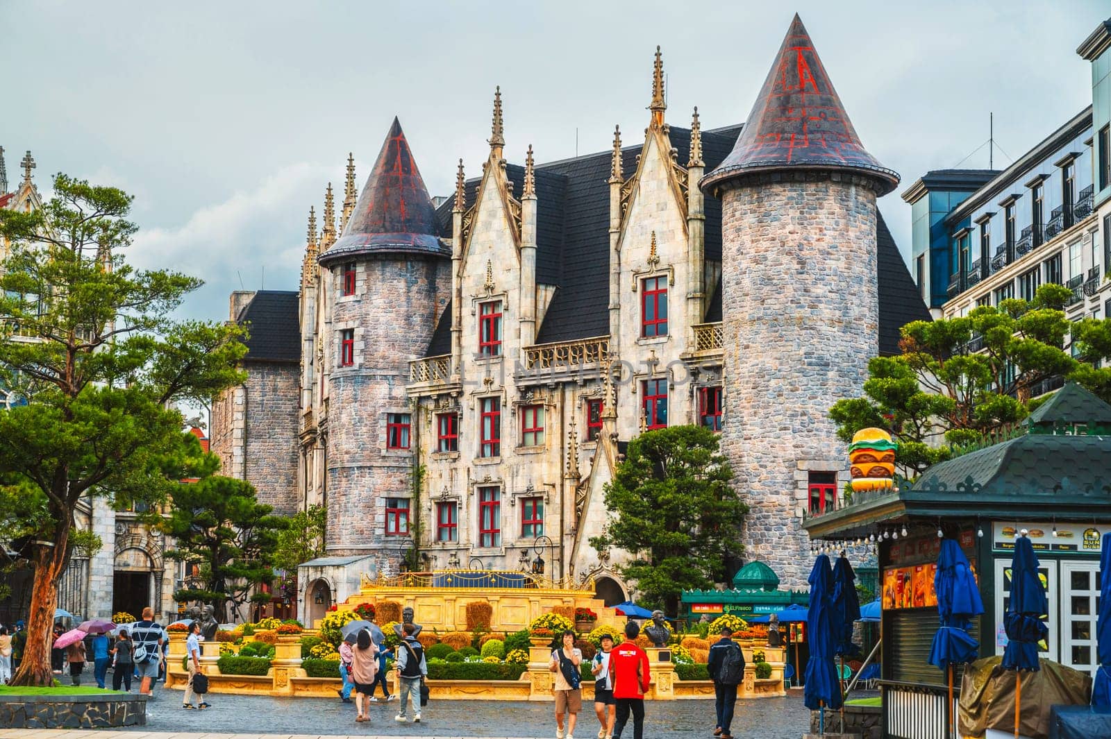 Medieval stone town with a castle in Ba Na Hills Park. Da Nang, Vietnam - September 13, 2024