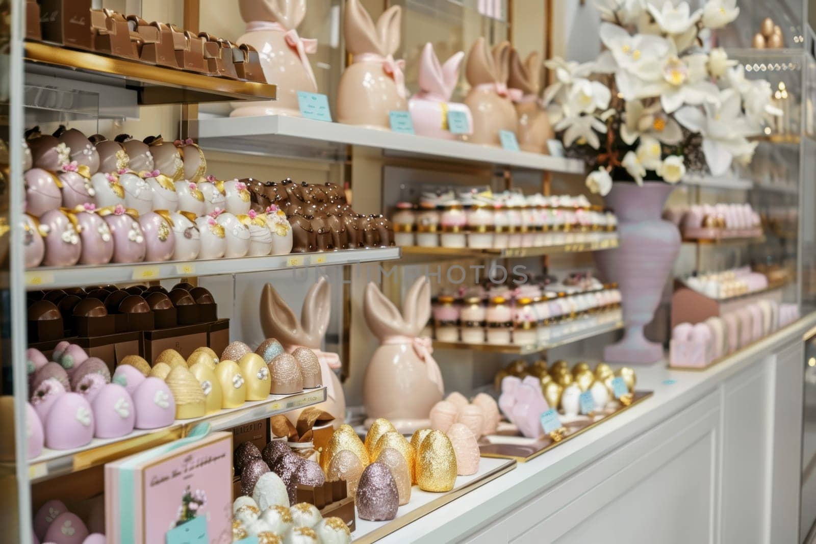 An elegant gourmet shop showcases luxurious easter chocolates, featuring artisanal eggs, bunny-shaped confections, and beautifully wrapped gift boxes. the shelves are perfectly arranged, surrounded by delicate decorations and floral accents.
