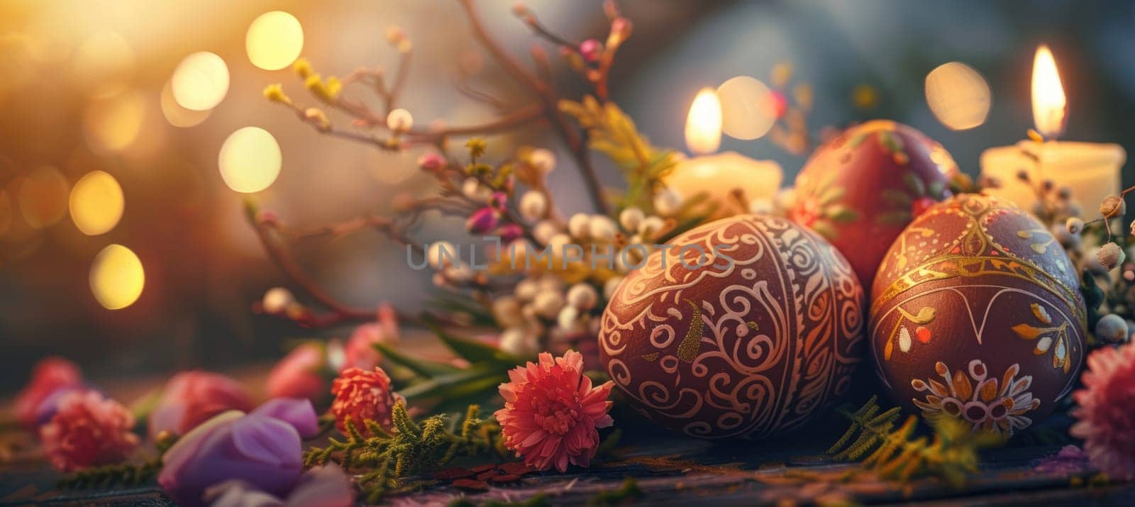 Hand-painted wooden eggs with intricate designs are surrounded by vibrant flowers and candles on a table. the warm ambiance and detailed craftsmanship evoke a traditional easter celebration, perfect for seasonal designs and decorations.