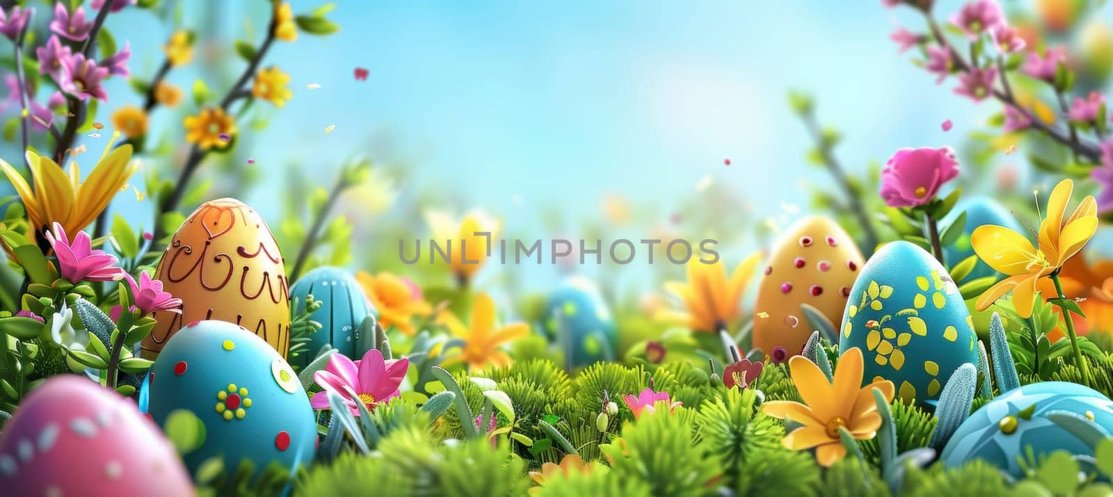 Brightly colored easter eggs are nestled among lush spring flowers and bushes in this cheerful garden scene. the sunny atmosphere and vibrant colors create a joyful holiday mood, offering ample space for text at the top.