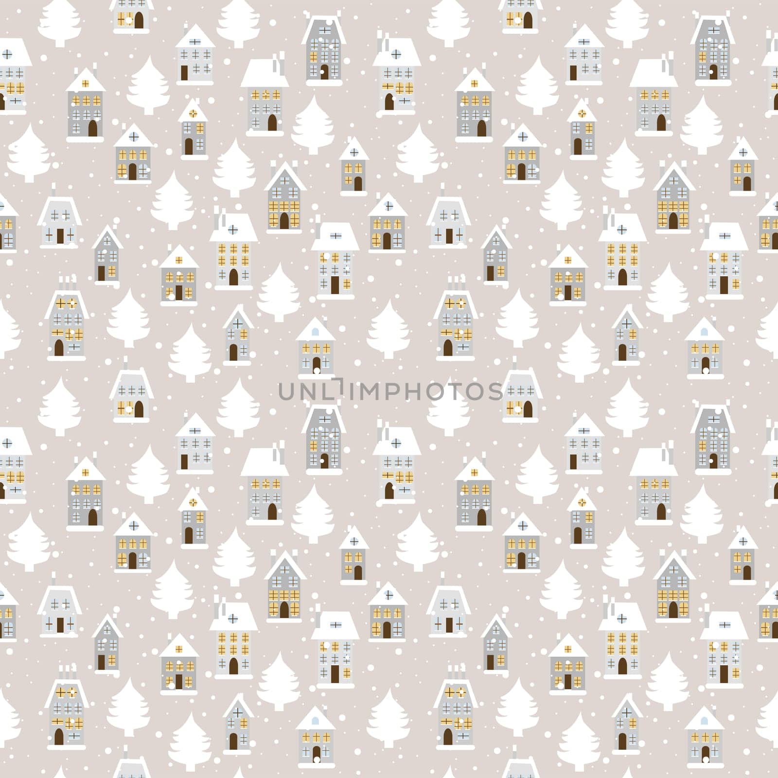 Winter landscape with houses and fir trees, seamless pattern