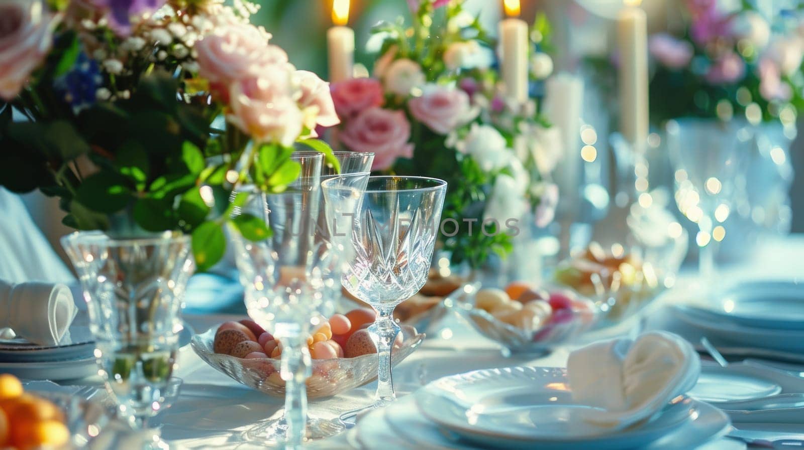 Luxurious easter brunch setting featuring a long table with crystal glasses and fine china. gourmet dishes and vibrant spring flowers beautifully enhance the scene, complemented by pastel linens and elegant decorations for a festive atmosphere.