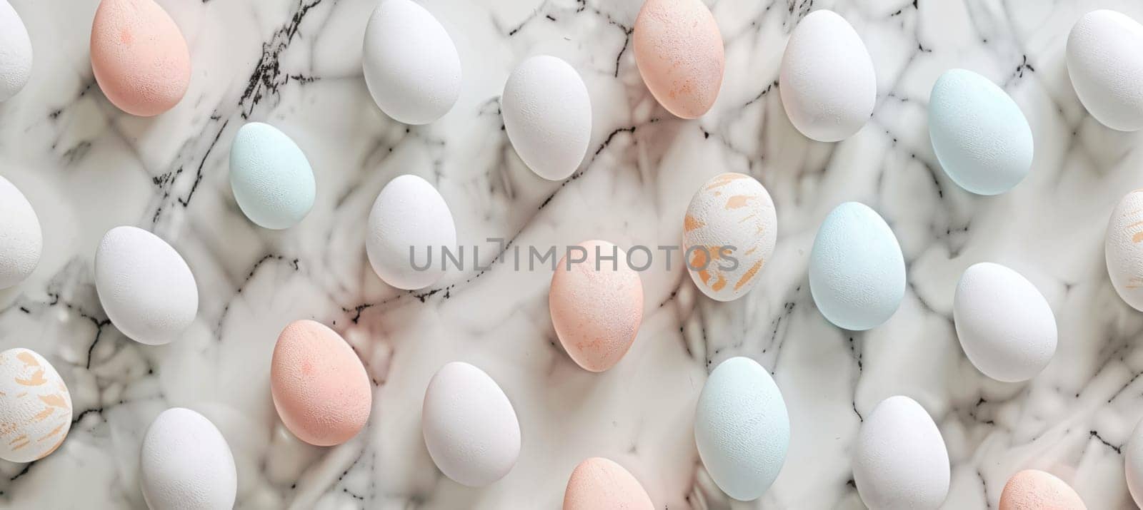 Stylish easter banner featuring pastel-colored eggs arranged in a geometric pattern on a marble surface. the clean, modern design provides ample space in the center for text or branding, making it ideal for seasonal promotions or invitations.