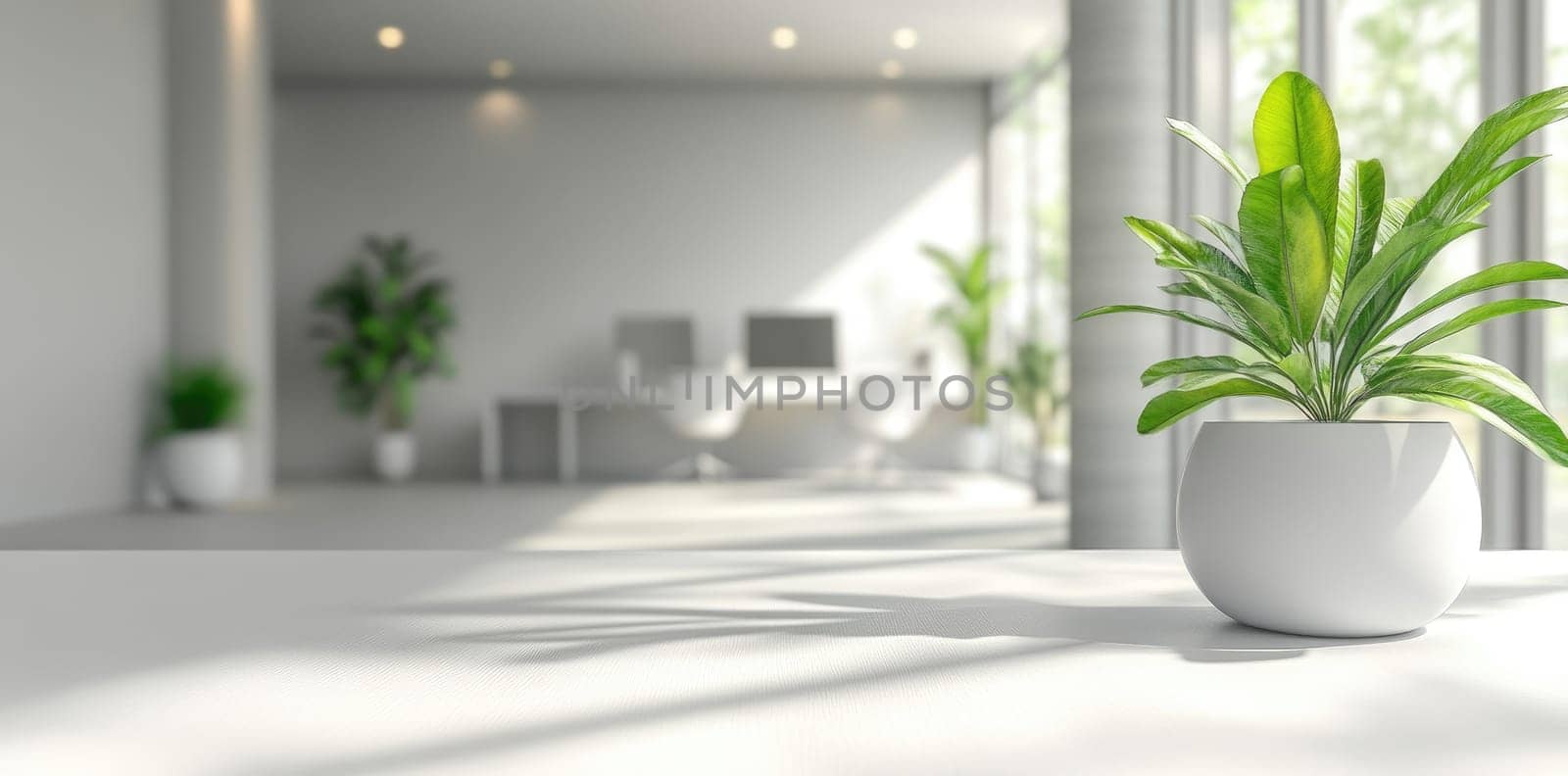 Spacious workspace: bright interior, greenery touch, blank text area, functional layout, peaceful ambiance, natural light, modern aesthetic, serene atmosphere, professional tone, inviting atmosphere