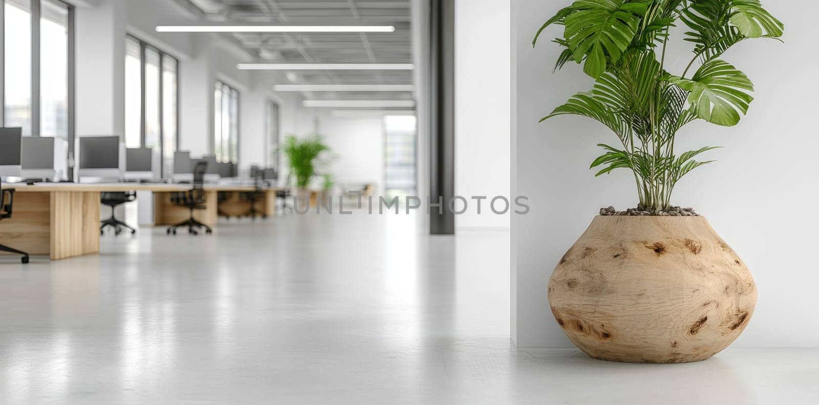 Spacious workspace: bright interior, greenery touch, blank text area, functional layout, peaceful ambiance, natural light, modern aesthetic, serene atmosphere, professional tone, inviting atmosphere