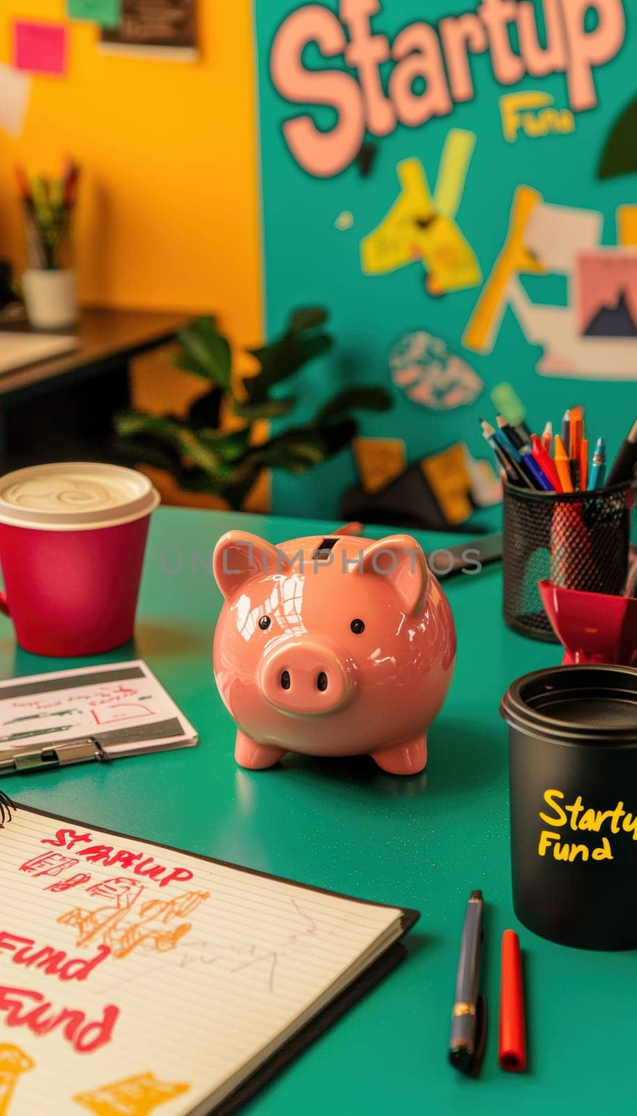 Piggy bank labeled "startup fund" on a desk alongside a coffee cup, notepad, and pen, symbolizing financial planning for launching a new business. the vibrant office environment enhances the entrepreneurial and innovative concept.
