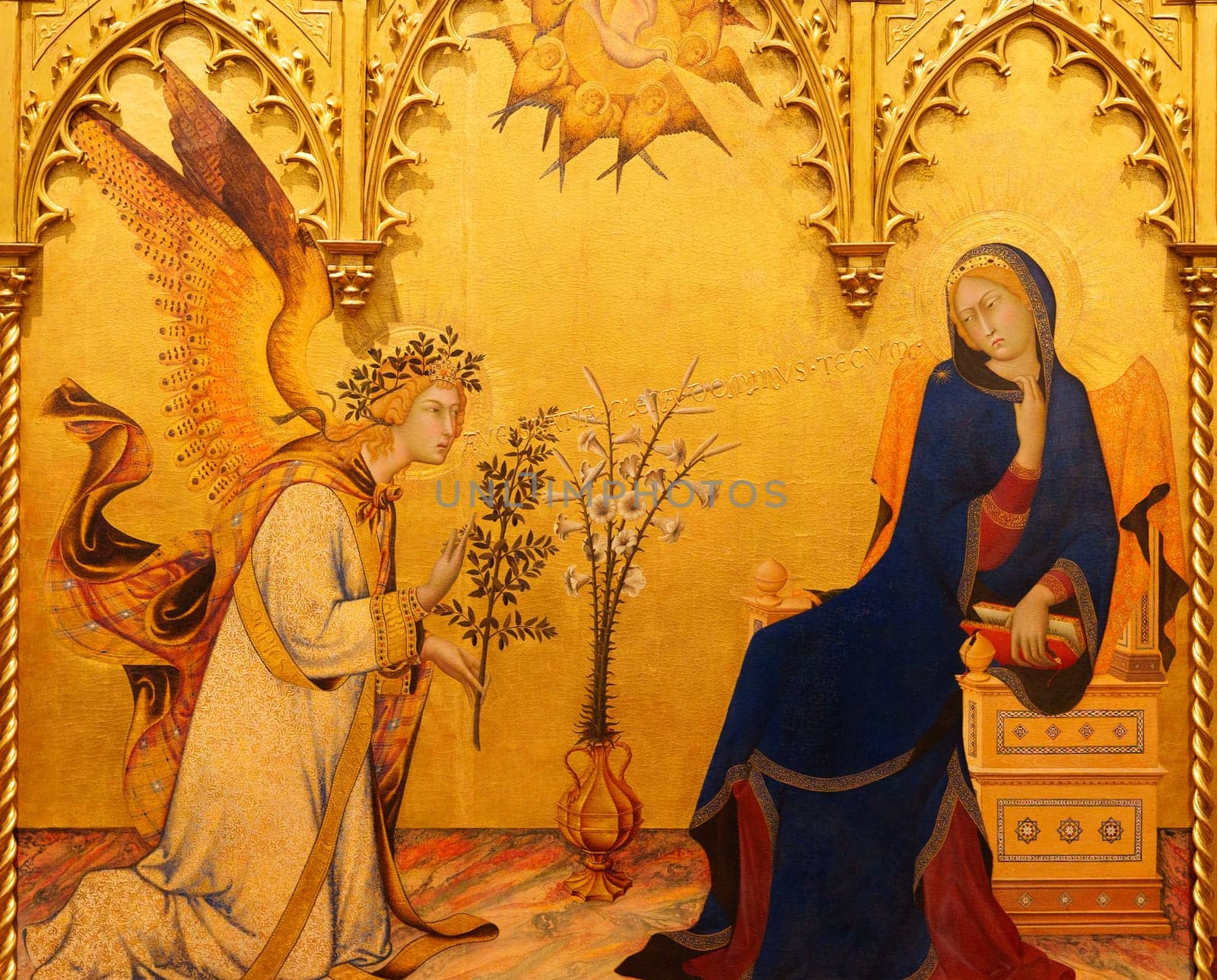 Florence, Italy, January 4, 2024: Annunciation. Simone Martini and Lippo Memmi. Uffizi Gallery