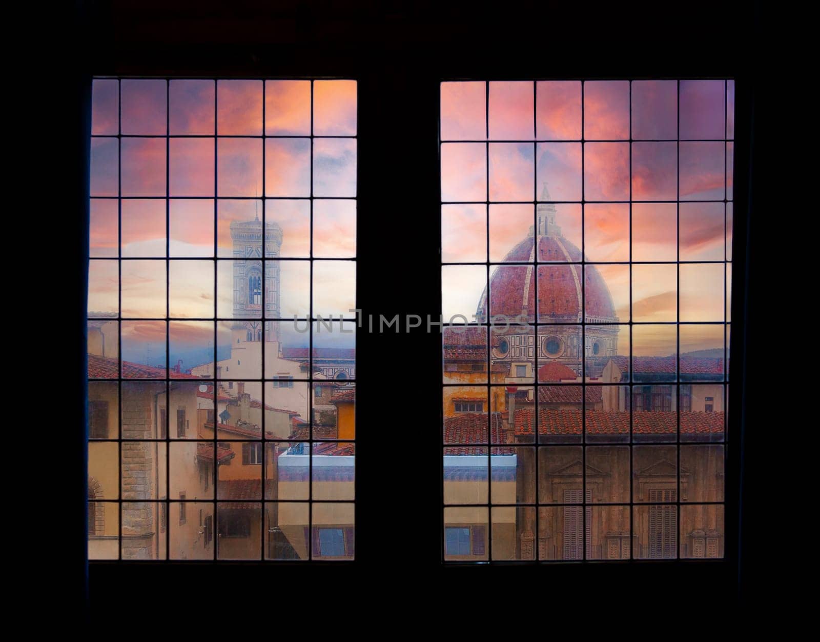 Beautiful view of the Florence Duomo at sunset from a window of the Palazzo Vecchio