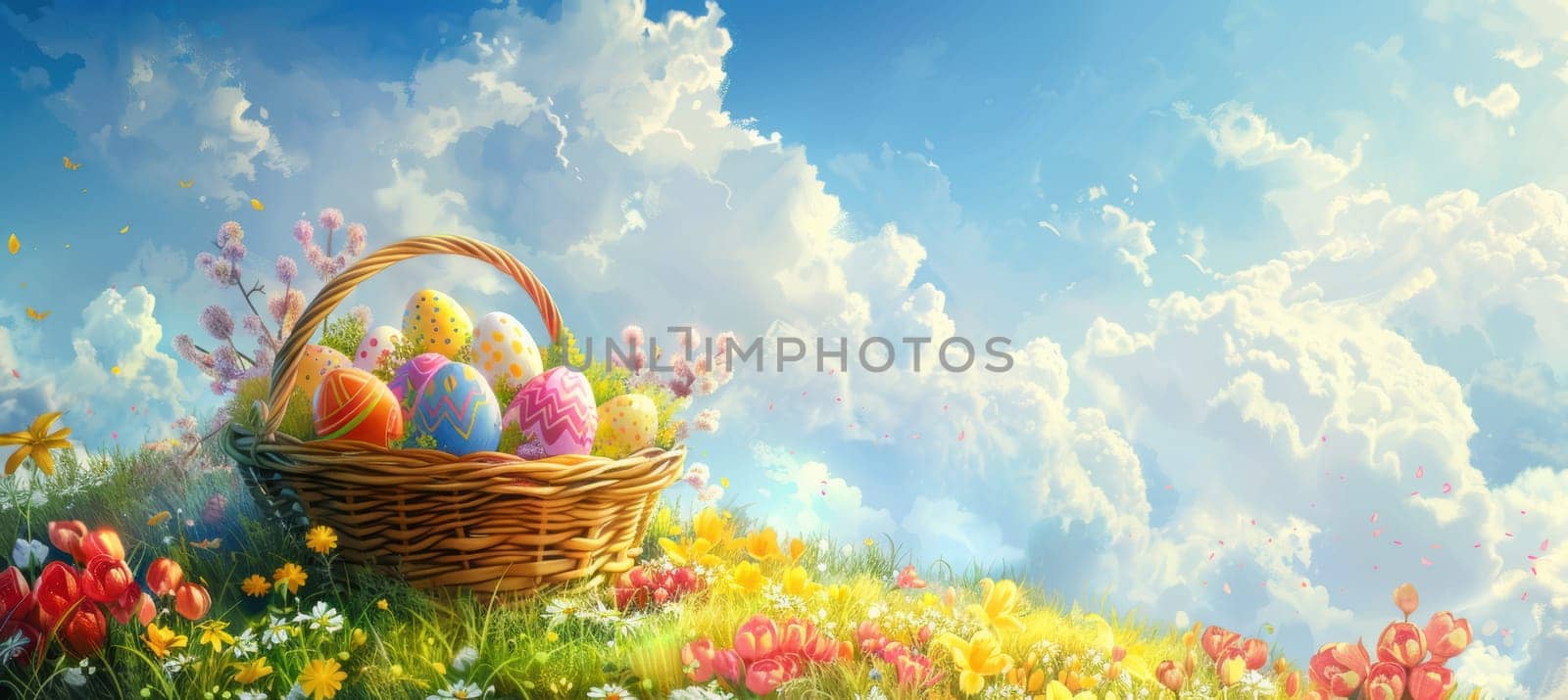A colorful easter basket filled with ornate eggs sits in a lush spring meadow, adorned with vibrant flowers. the clear blue sky and fluffy clouds create a cheerful background, ideal for festive designs or holiday-themed projects.