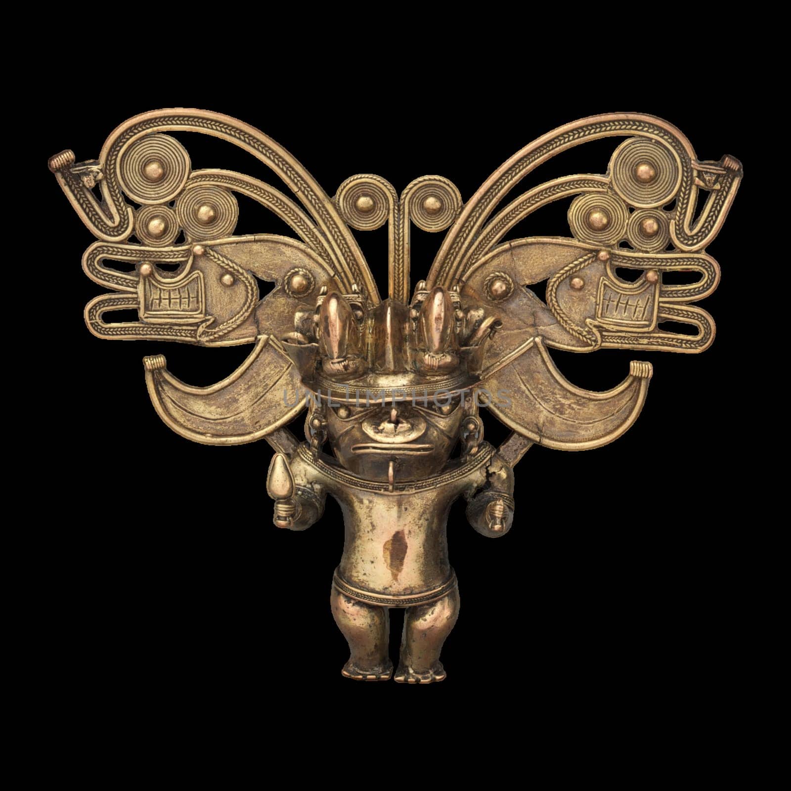 A Tairona gold figure pendant, a Pre-Columbian artifact depicting a stylized human figure with intricate motifs.