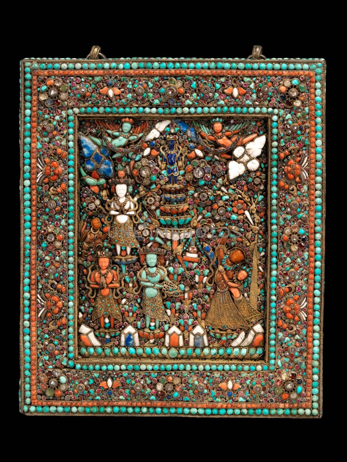 An antique Nepalese painting depicting the birth of the Buddha, adorned with turquoise and coral, and framed in silver and gold.