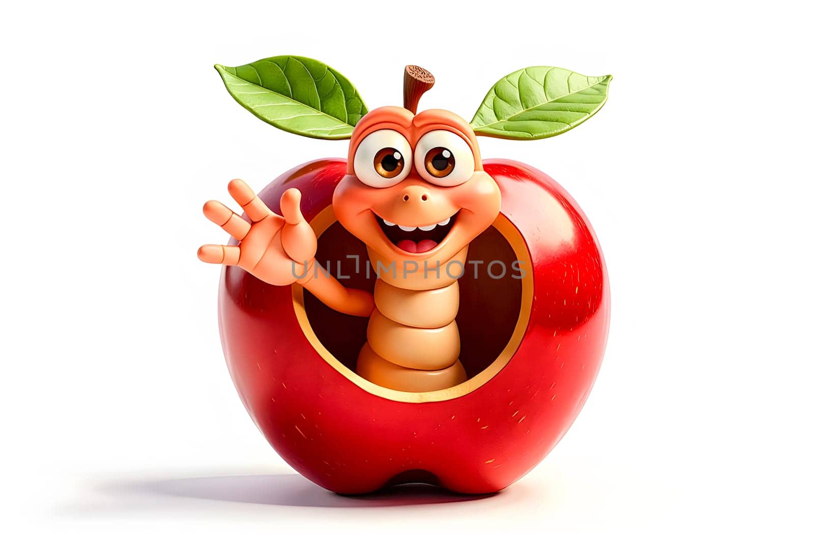 A cheerful worm emerges from the center of a bright red apple, representing gardening concepts like pest protection and insect management.