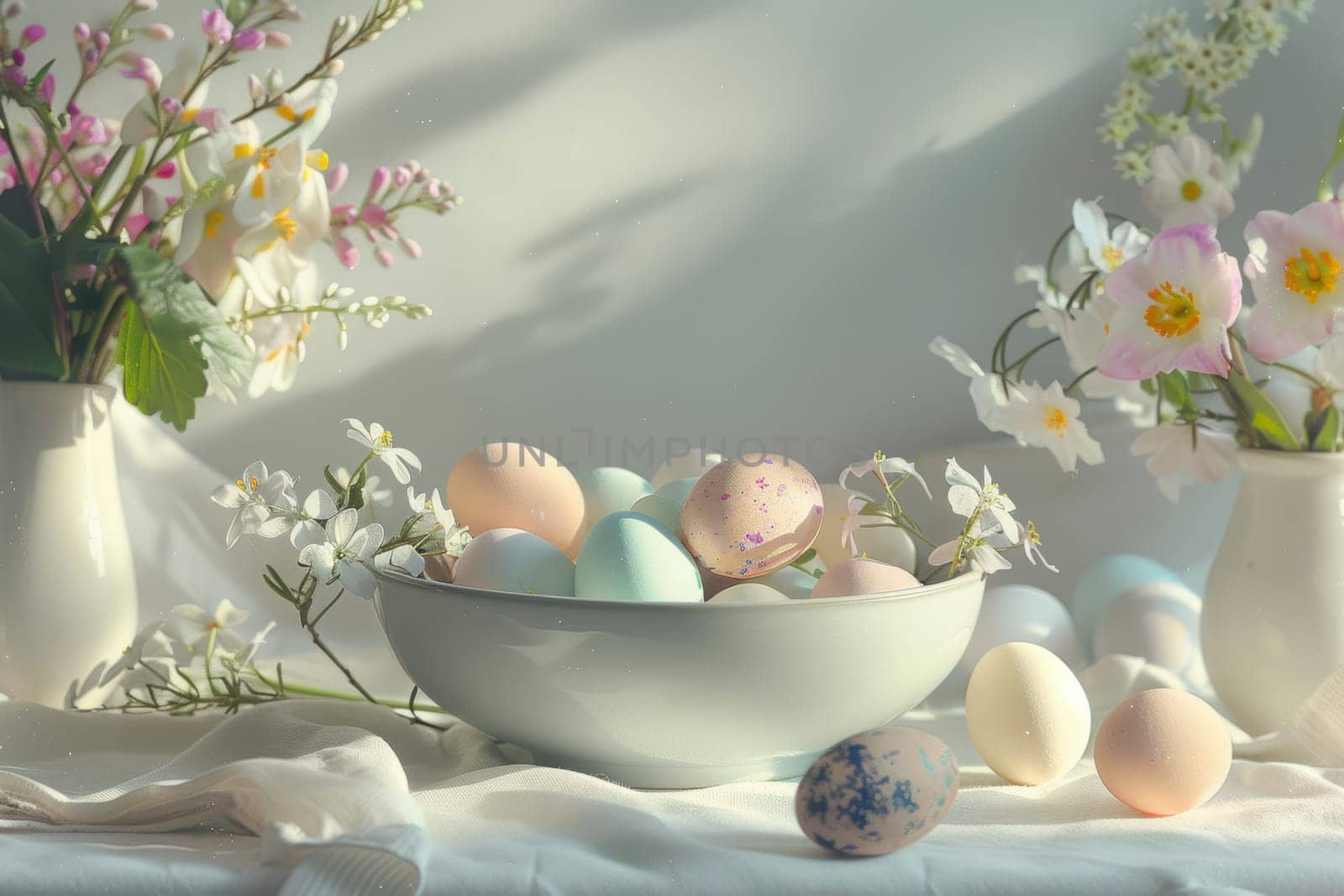 Pastel-painted easter eggs in a bowl, adorned by delicate spring flowers in small vases, illuminated by soft morning light. a serene and elegant scene perfect for festive and floral-themed designs.