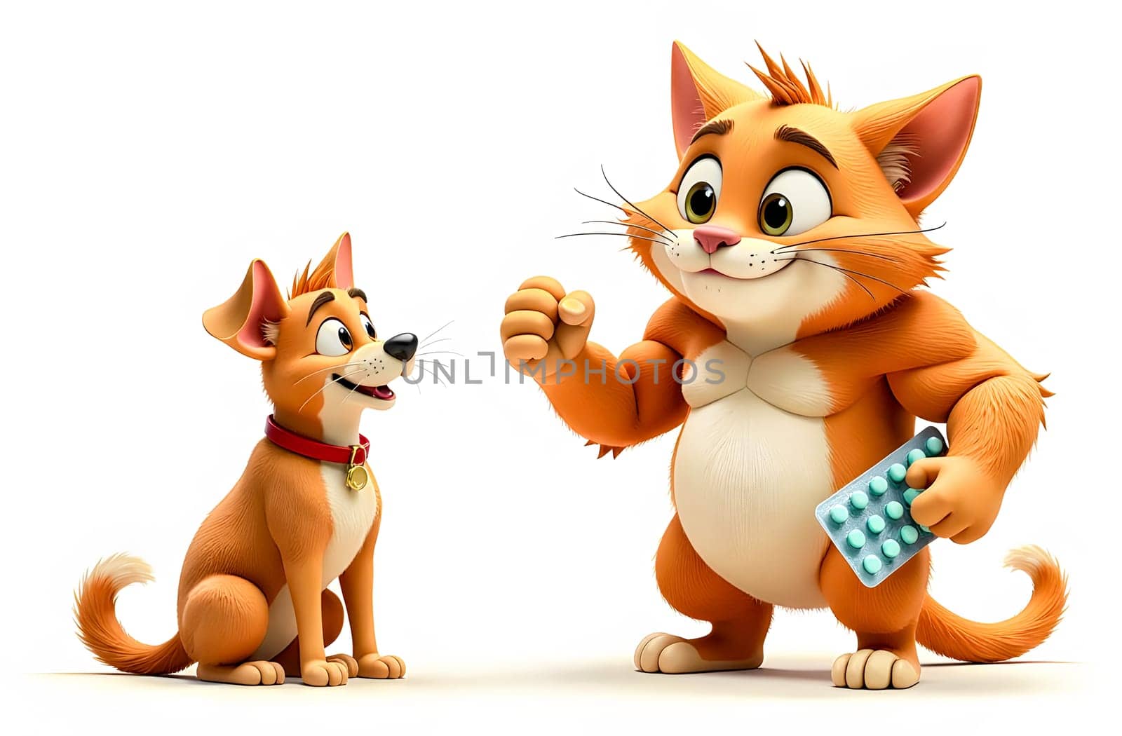 A muscular cat proudly displays its strength while holding pills, impressing a smaller dog during a playful competition.