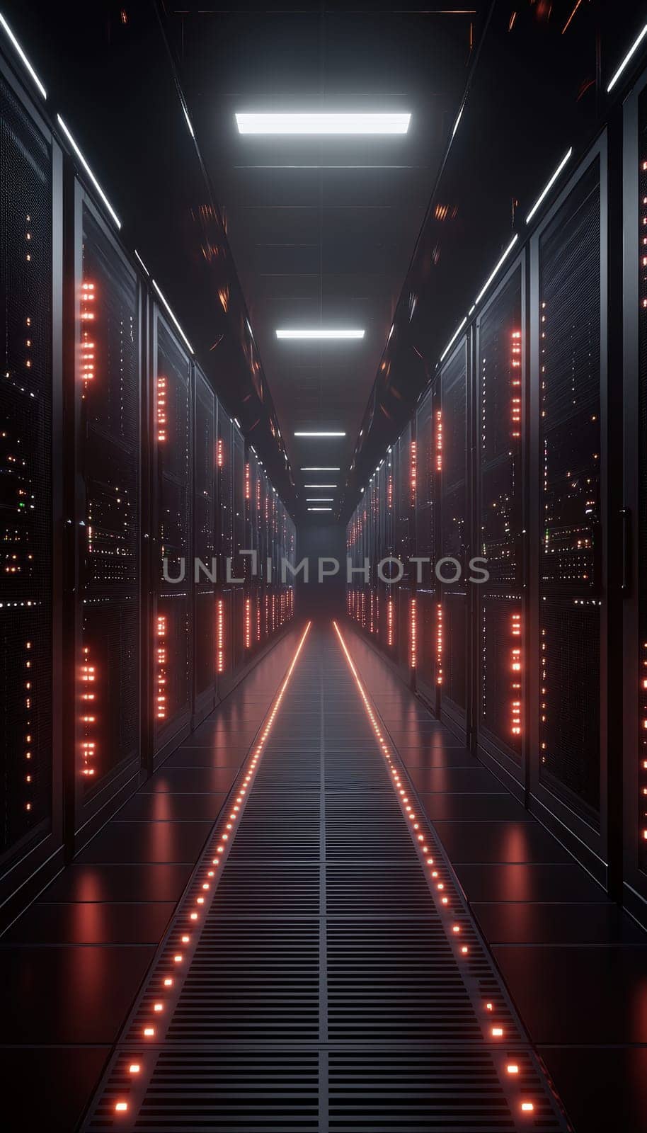 A modern data center hallway lined with glowing server racks, creating a striking visual of technological advancement. the perspective emphasizes the endless rows of servers, the facility's sophistication and capacity.