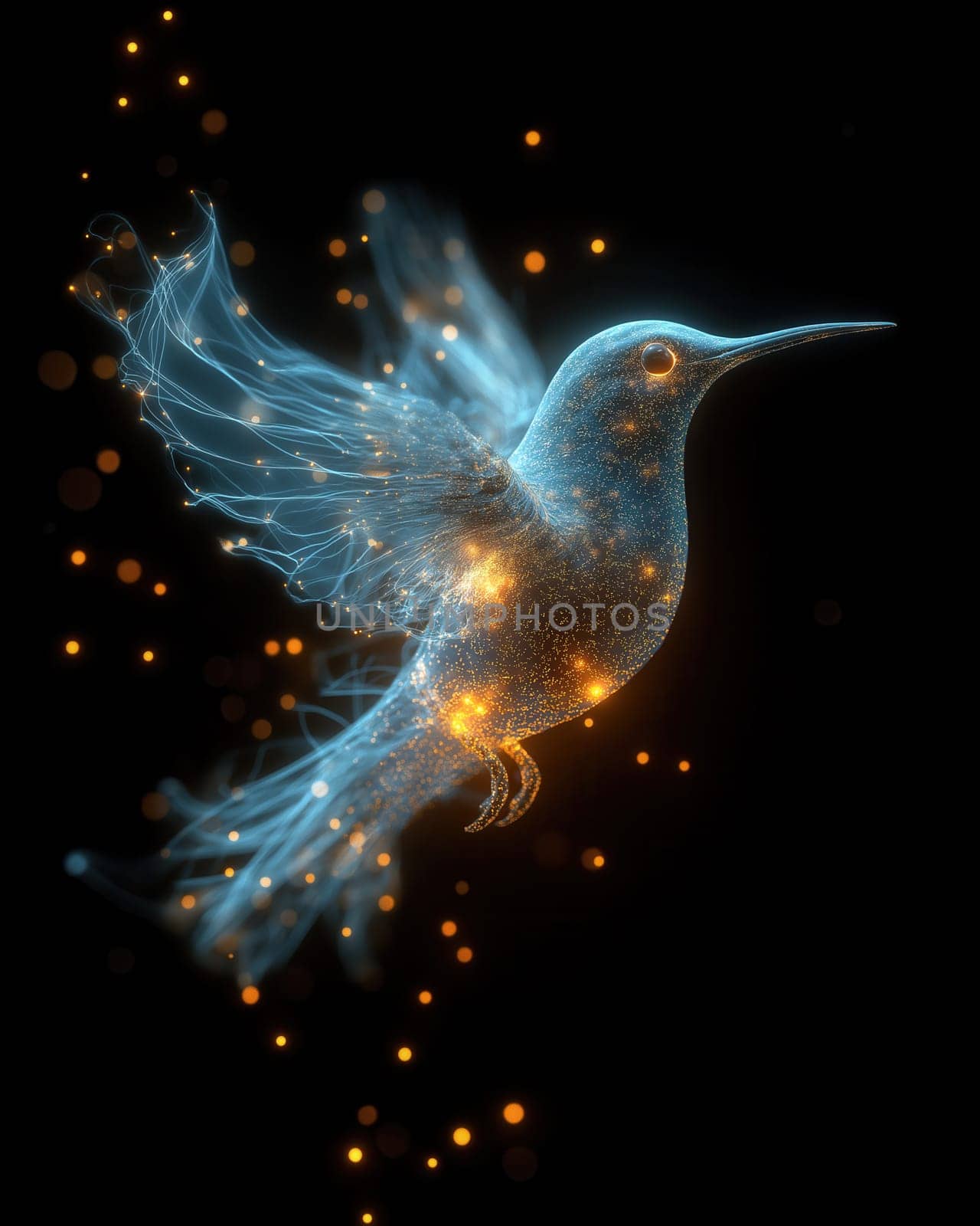Mystical glowing bird on a black background. Selective focus.