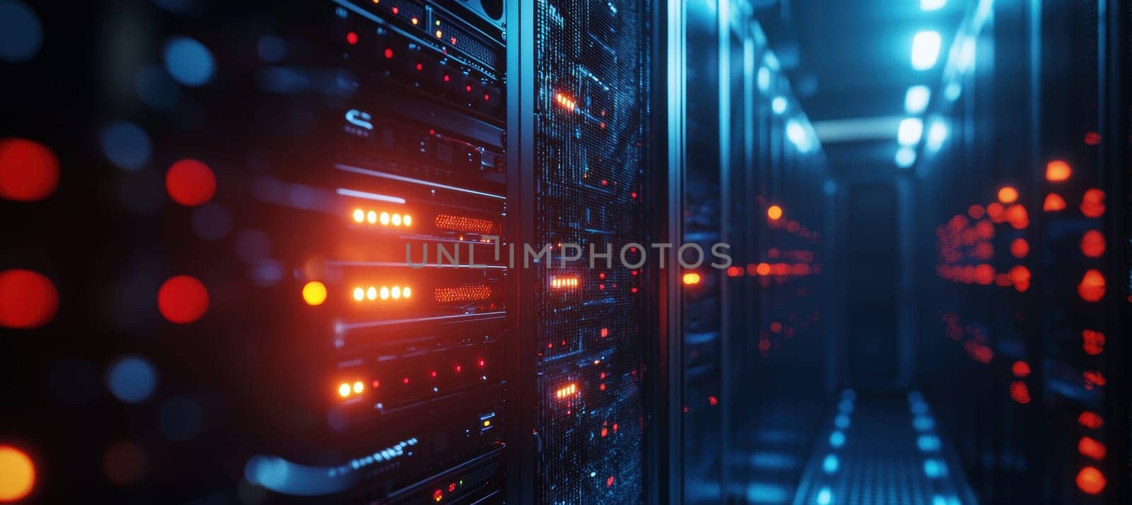 A close-up view of a data center server highlights flashing led lights and intricate hardware design. the dark background makes the colorful lights stand out, illustrating advanced technology, data processing, and network functionality.