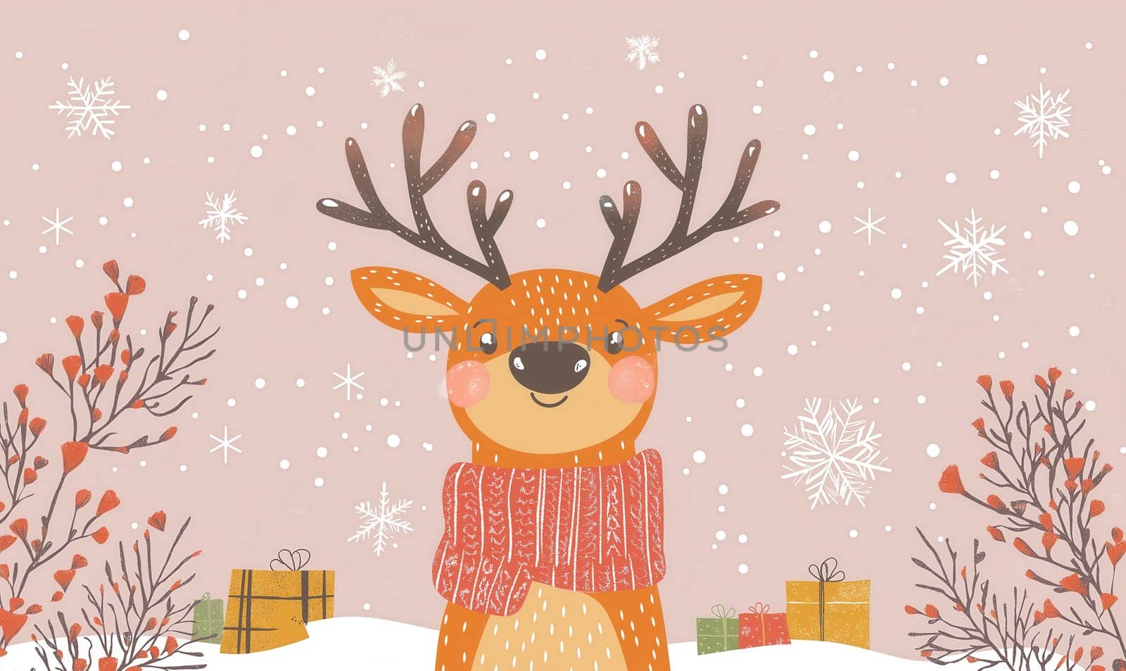 Christmas card with cartoon reindeer on pink background. Selective focus.