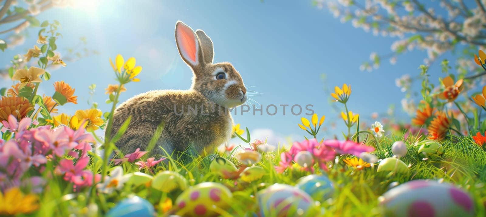A charming easter scene showcasing a bunny amidst a vibrant field of colorful spring flowers, with pastel-colored easter eggs scattered in the grass. sunlight illuminates the bright blue sky, enhancing the festive atmosphere of renewal and joy.