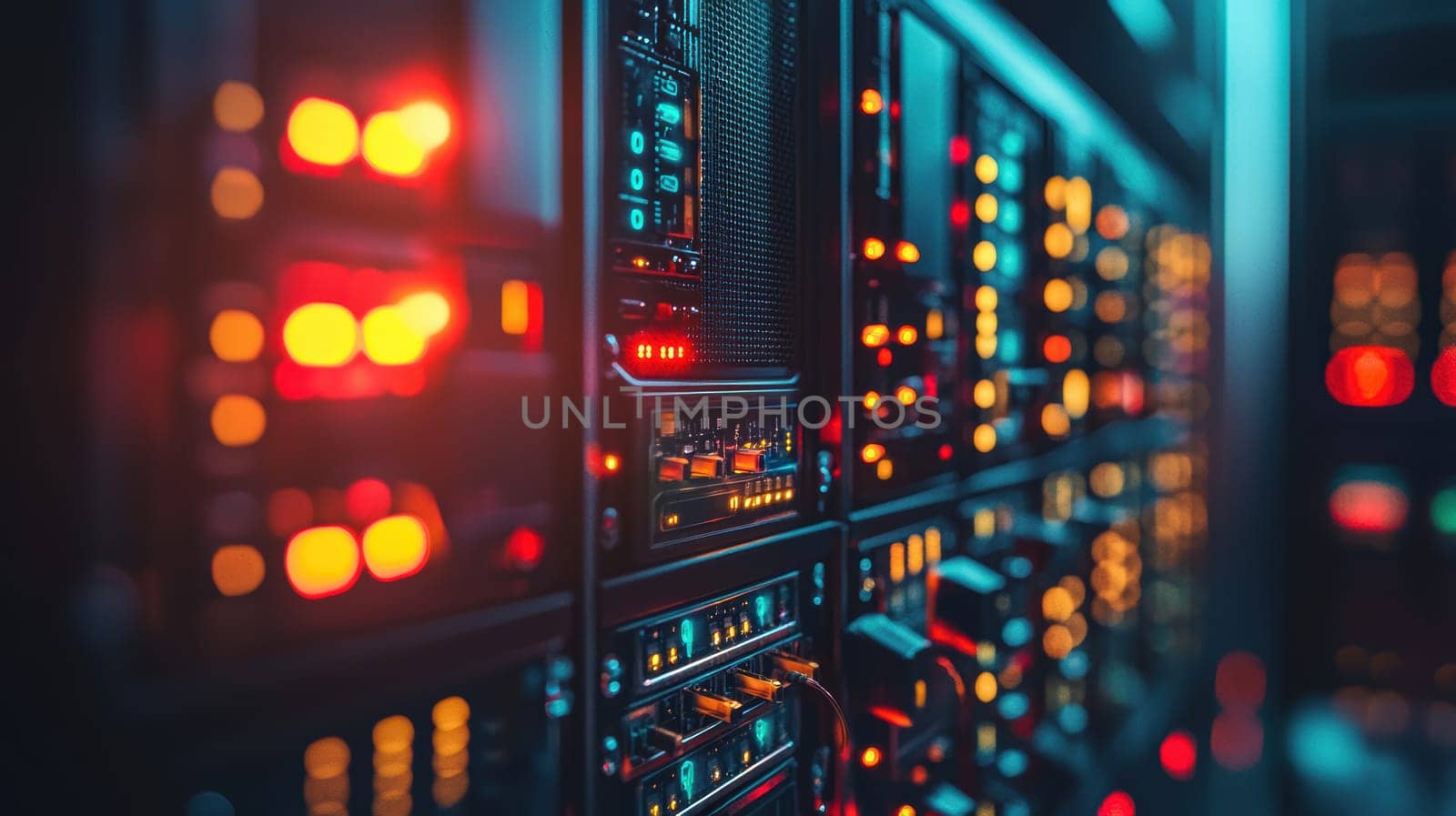 Close-up view of a server panel in a data center, showcasing flashing lights and controls. the image highlights the intricacy of hardware components and technology operations, with vibrant lighting creating a high-tech ambience.