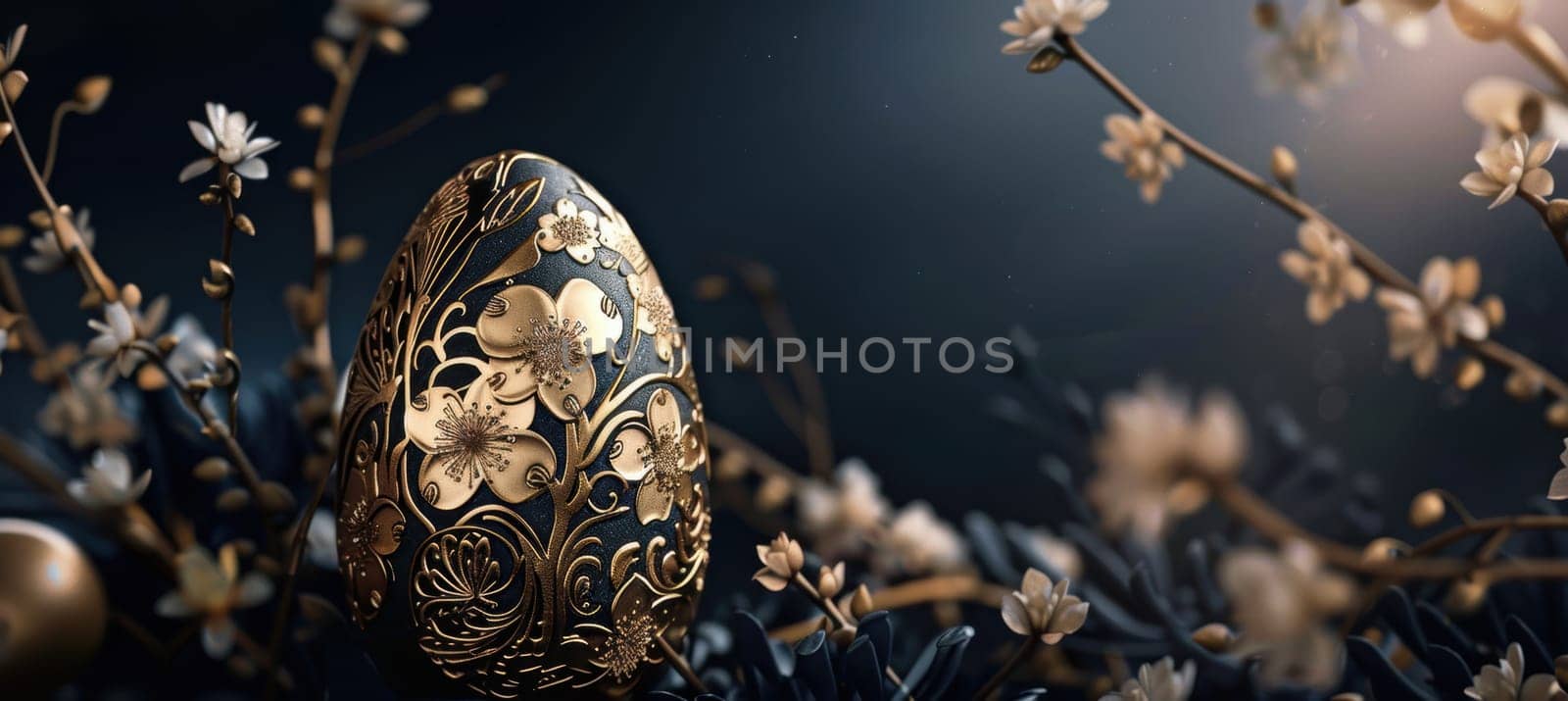 Luxurious easter card design featuring a golden egg adorned with intricate floral patterns. set against a deep navy background, the soft, warm illumination highlights the elegance and high-end aesthetic, perfect for sophisticated holiday designs.