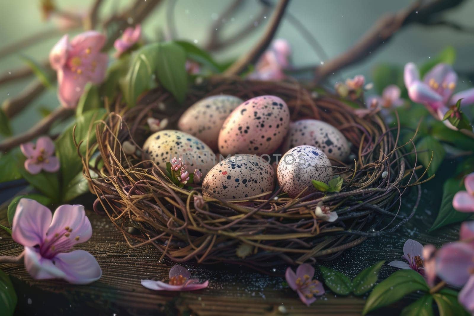 A photorealistic close-up of a delicate bird's nest filled with speckled easter eggs in soft pastel hues. the nest rests on a wooden surface adorned with scattered flowers and leaves, enhancing the vibrant yet tranquil spring atmosphere.