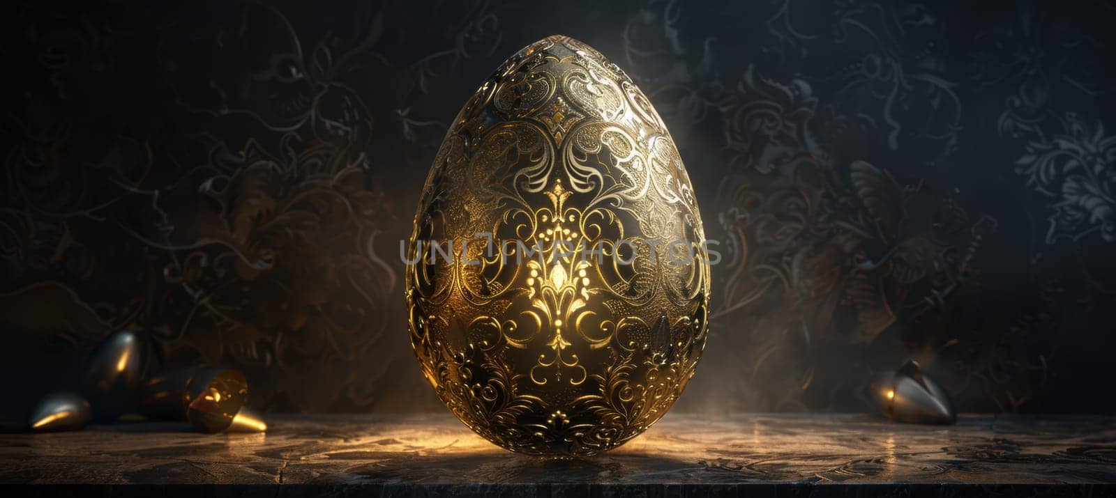 A sophisticated easter card design featuring a prominently placed golden egg adorned with intricate floral patterns. the elegant, dark background enhances the egg's radiance, with subtle soft lighting adding to the luxurious feel.