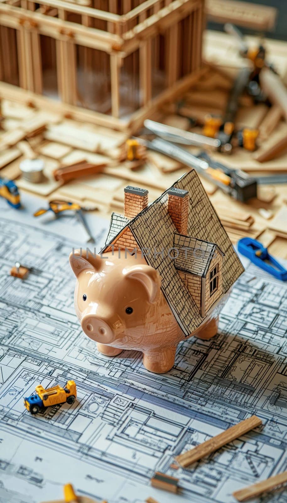 Piggy bank in the shape of a house sits on a construction site blueprint. surrounding it are small tools and building materials, symbolizing financial planning for home construction or renovation projects.