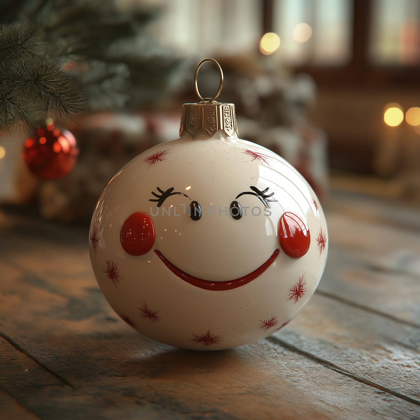 Cartoon Christmas tree toy white ball with a smiling face. Selective focus.