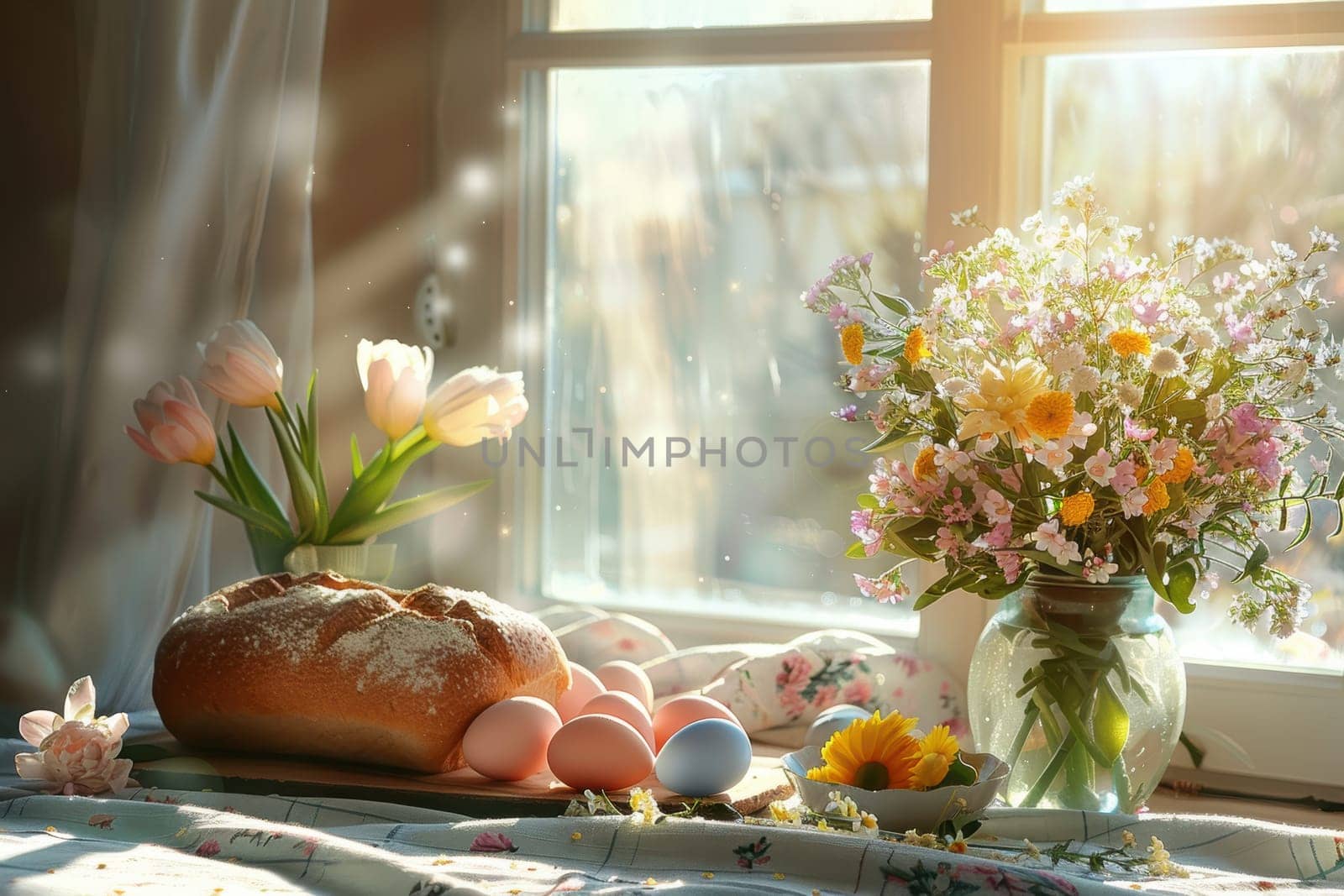 Sunlight streams into a cozy room, illuminating a table set for an easter brunch. a mix of pastel-colored eggs, a freshly baked loaf of bread, and a vibrant arrangement of spring flowers create a festive and inviting atmosphere.