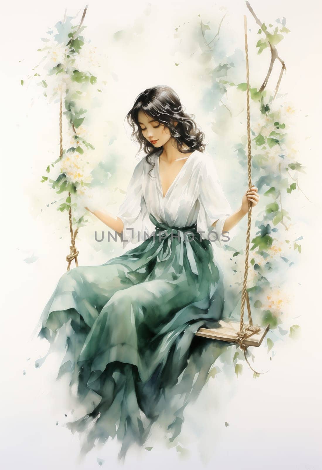 Watercolor, woman in a dress on a swing on a delicate background. Selective focus.