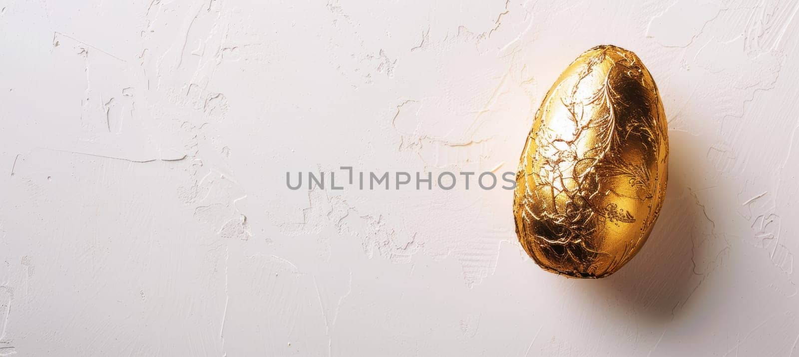 Gold foil chocolate egg on a textured white background. the minimalist design provides ample space for text, perfect for easter-themed social media posts, advertisements, or branding. the elegant simplicity enhances its visual appeal.